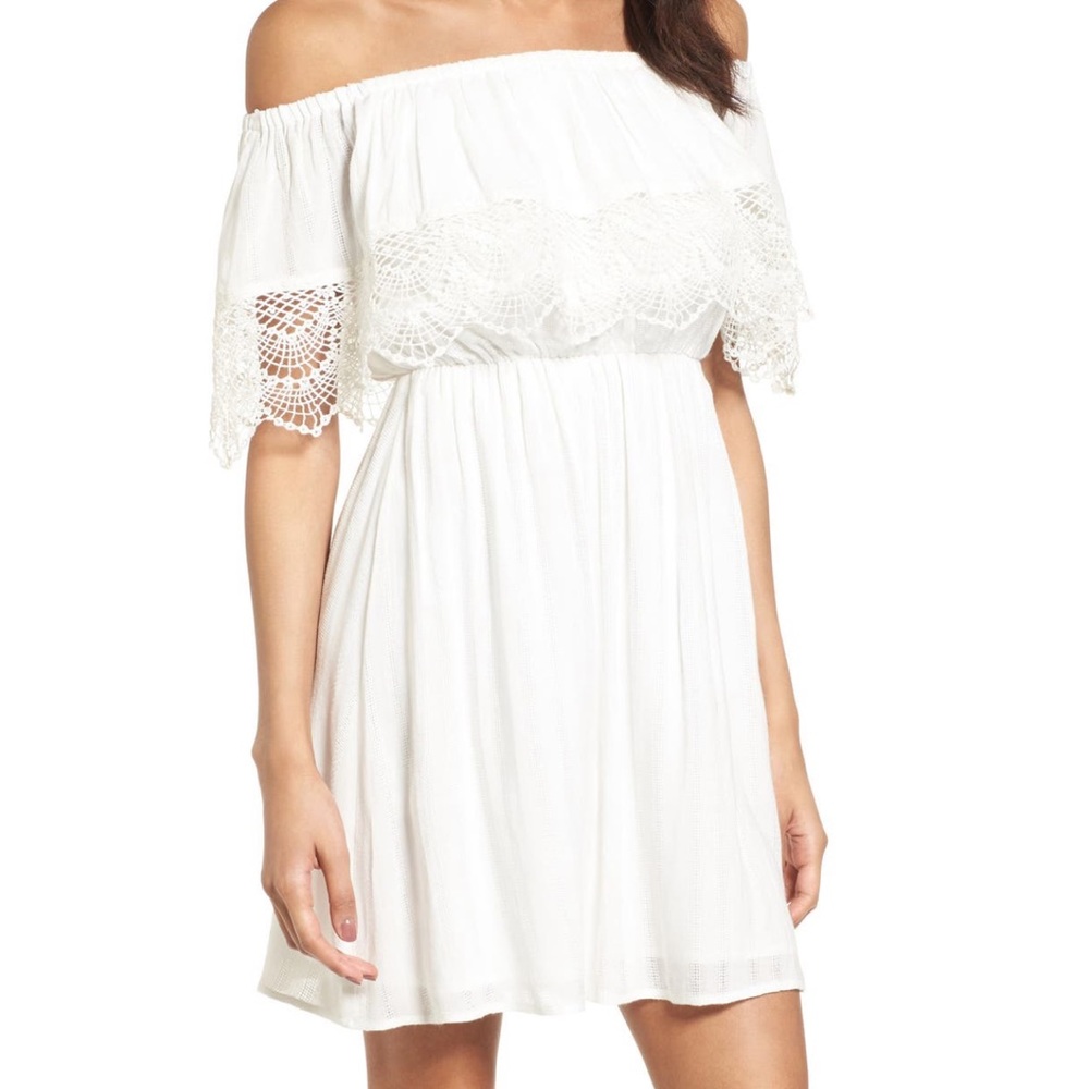 Lush White Off-Shoulder Crochet Trim Dress